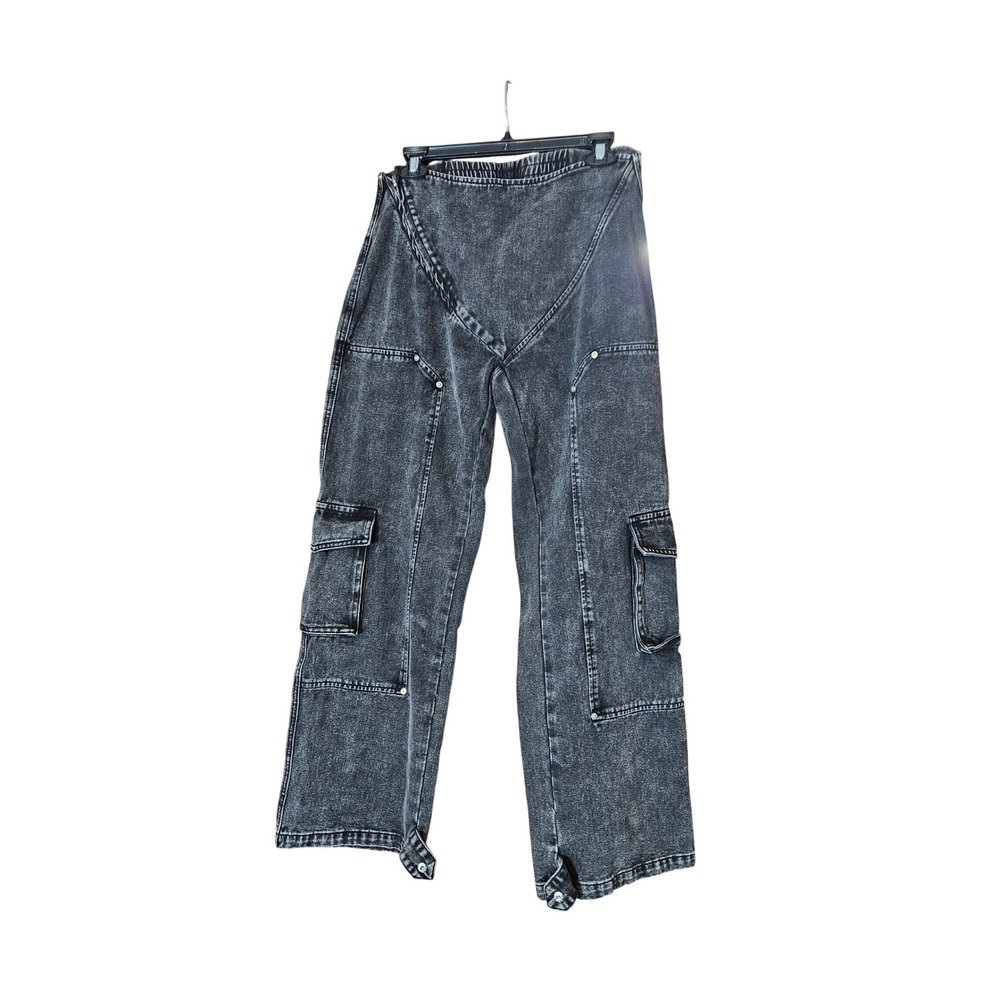 Fashion Nova Acid Wash Cargo Jeans Black Gray Side Zip Utility Pants L